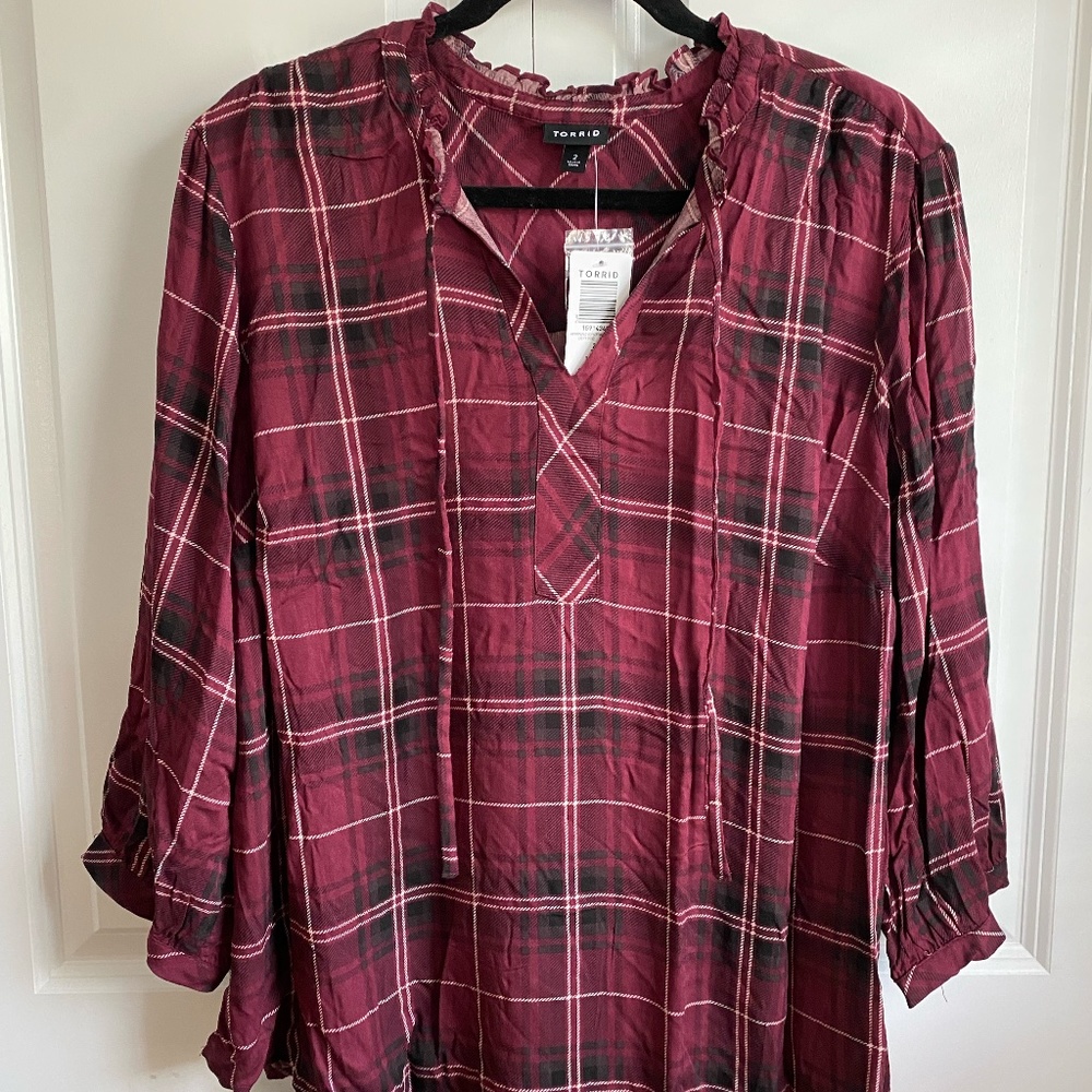 Torrid - Plaid Peasant Blouse w/ Tie - NWT - Size 2